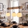 Houten balk-hanglamp Koyoto met 3 witte glazen bollen, kabels rond de balk te wikkelen