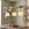 Houten balk-hanglamp Koyoto met 3 witte glazen bollen, kabels rond de balk te wikkelen