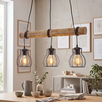 Hanglamp Gondo, natuurlijke houten staaf, kooikappen, lengte 60 cm, wikkelbare kabels
