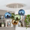 Moderne Kogellamp Koyoto met 5 bonte glazen bollen in blauw, goud en groen, Ø 15 cm