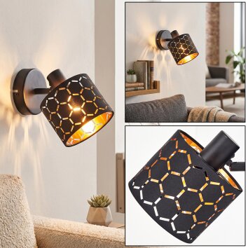 Moderne Wandlamp Alsen met goud-zwarte lampenkap met sleuven, verstelbare lampkop