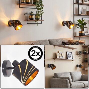 Moderne wandspot Alsen, 2-delige set, met verstelbare goud-zwarte metalen kap