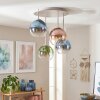 Cluster-plafondlamp Koyoto met 4 glazen bollen in blauw, groen, helder en koperkleurig