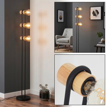 Staande lamp Voril met drie houten houders, zichtbare E27-fitting en voetschakelaar