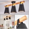Plafondlamp Andian met boho-houten balk, drie zwarte kappen voor de eettafel, E27