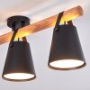 Plafondlamp Andian met boho-houten balk, drie zwarte kappen voor de eettafel, E27