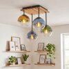Cluster-plafondlamp Koyoto met houten lamellenplaat en 4 glazen bollen voor de eettafel
