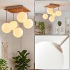 Boho cluster-plafondlamp Gastor met houten lamellenplaat en 5 witte glazen bollen
