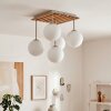 Boho cluster-plafondlamp Gastor met houten lamellenplaat en 5 witte glazen bollen