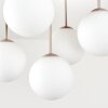 Boho cluster-plafondlamp Gastor met houten lamellenplaat en 5 witte glazen bollen