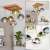 Boho kogellampje Gastor met houten lamellenplaat en 5 glazen bollen, ø 15 cm, E14