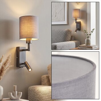 Turil LED wandlamp met leeslamp voor bed, draaibare spot en grijze stoffen kap