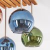 Boho plafondlamp Koyoto met 4 bonte glazen bollen en houten lamellenplaat