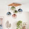 Boho-plafondlamp Gastor met 5 bonte glazen bollen, houten lamellen, ø 15 cm, E14