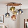 Boho-plafondlamp Gastor met 5 bonte glazen bollen, houten lamellen, ø 15 cm, E14
