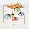 Boho-plafondlamp Gastor met 5 bonte glazen bollen, houten lamellen, ø 15 cm, E14