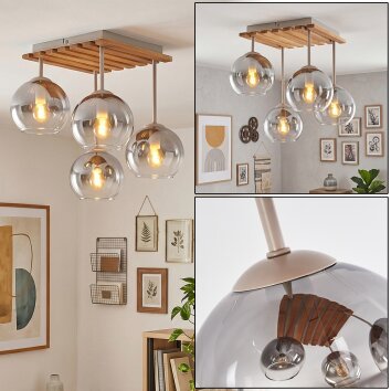 Boho plafondlamp Koyoto met 4 heldere glazen bollen, houten lamellenplaat en E14