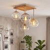 Plafondlamp met glazen bollen Koyoto met houten lamellenplaat, 4 lichtpunten