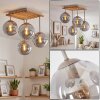 Kogellamp Gastor met 4 rookglazen bollen ø 15 cm, met houten lamellenplaat in natuurlijke kleuren, boho stijl, E14