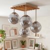 Kogellamp Gastor met 4 rookglazen bollen ø 15 cm, met houten lamellenplaat in natuurlijke kleuren, boho stijl, E14