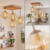 Boho cluster-plafondlamp Gastor met 4 amberkleurige glazen bollen aan houten lamellen