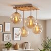 Boho cluster-plafondlamp Gastor met 4 amberkleurige glazen bollen aan houten lamellen