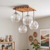 Plafondlamp met glazen bollen Koyoto, houten lamellenplaat, 4 heldere glaskappen ø 15 cm