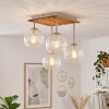 Plafondlamp met glazen bollen Koyoto, houten lamellenplaat, 4 heldere glaskappen ø 15 cm
