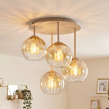 Moderne cluster-plafondlamp Koyoto met 4 geribbelde glazen bollen in amber en helder