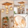 Boho-plafondlamp Koyoto met houten lamellenplaat en amberkleurige glazen bollen