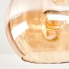 Boho-plafondlamp Koyoto met houten lamellenplaat en amberkleurige glazen bollen