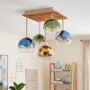 Kogelplafondlamp Koyoto met houten lamellenplaat en 5 glazen kappen