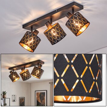 Plafondspot Alsen met drie geometrische stoffen kappen in goud en zwart, draaibaar, zwenkbaar