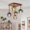 Plafondlamp Gastor met heldere glazen bollen, houten lamellenplaat en 5 lichtpunten