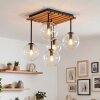 Boho cluster-plafondlamp Gastor met houten lamellenplaat en 5 heldere glazen bollen, E14
