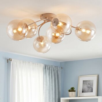 Moderne plafondlamp Chehalis, clusteropstelling met 6 glazen bollen, amber-helder ø 15 cm