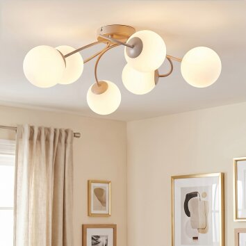 Moderne Kogellamp Chehalis met 6 witte glazen bollen, zandkleurig metaal ø 58 cm