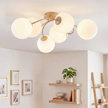 Moderne Kogel-plafondlamp Chehalis met 6 witte glazen kappen in clusteropstelling, G9
