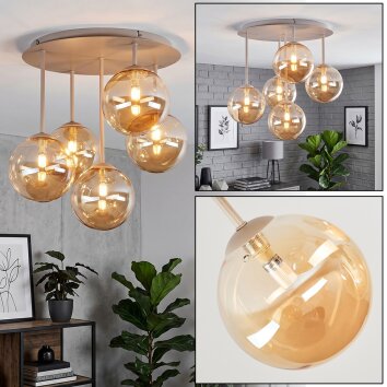 Moderne cluster-plafondlamp Chehalis met 5 amberkleurige glazen bollen ø 15 cm
