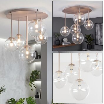 Moderne Kogel-plafondlamp Chehalis met 5 heldere glazen schermen en zandkleurig gestel