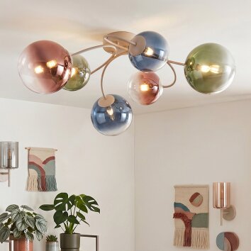 Cluster-plafondlamp Chehalis met 6 glazen bollen in blauw, groen, helder en koperkleurig