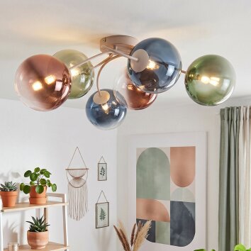 Cluster-plafondlamp Chehalis met 6 glazen bollen in blauw, groen, helder en koperkleurig