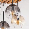 Boho plafondlamp Koyoto met houten lamellen en 4 glazen bollen in amber, helder en rook