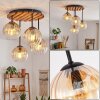 Cluster-plafondlamp Koyoto met houten lamellenplaat en amberkleurige, heldere bollen