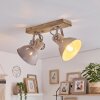 Plafondlamp Orny met houten balk, verstelbare armatuurkoppen in zandkleur, voor hal en entree
