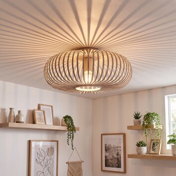 Scandinavische plafondlamp Oravi met open metalen kooiconstructie in zandkleur