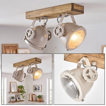 Plafondspot Herford met houten balk, boho stijl, draaibare en zwenkbare koppen