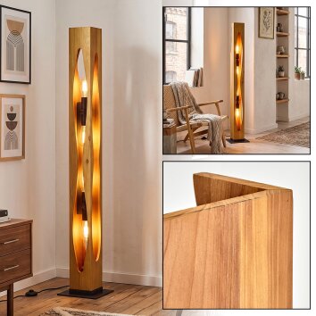 Natuurkleurige houten vloerlamp Sernadelo met open E27-fittingen, 4 lichtpunten