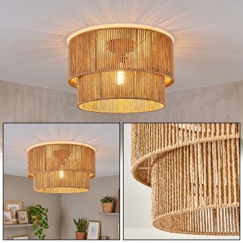 Boho plafondlamp Tamir, bruine metalen constructie met schermopbouw in natuurlijke kleuren