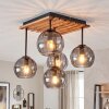 Cluster-plafondlamp Koyoto met houten lamellen, 5 rookglazen bollen voor de eettafel